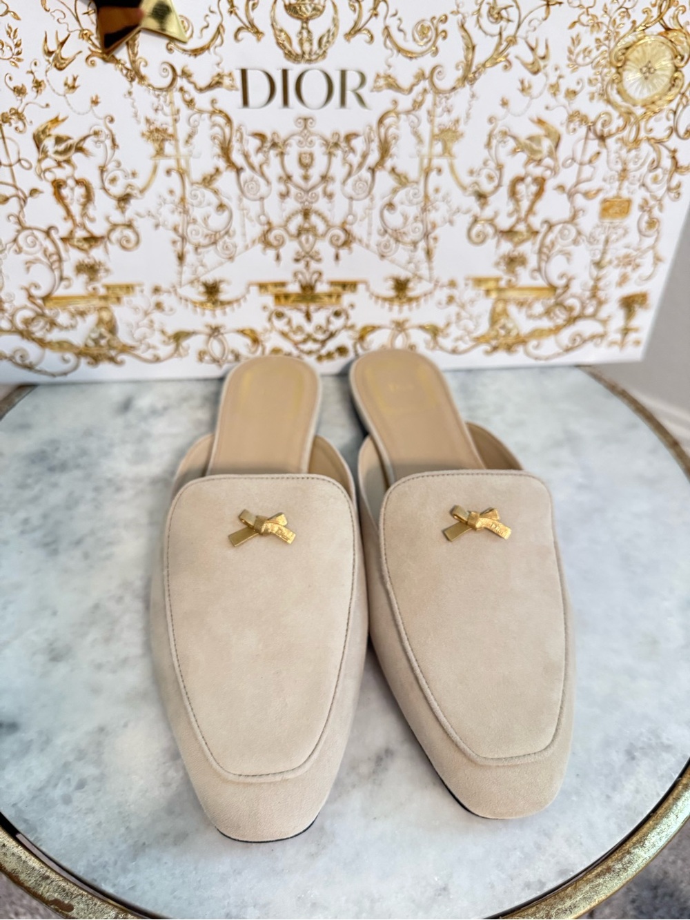 Dior Gold Ribbed Bow Pin with Logo